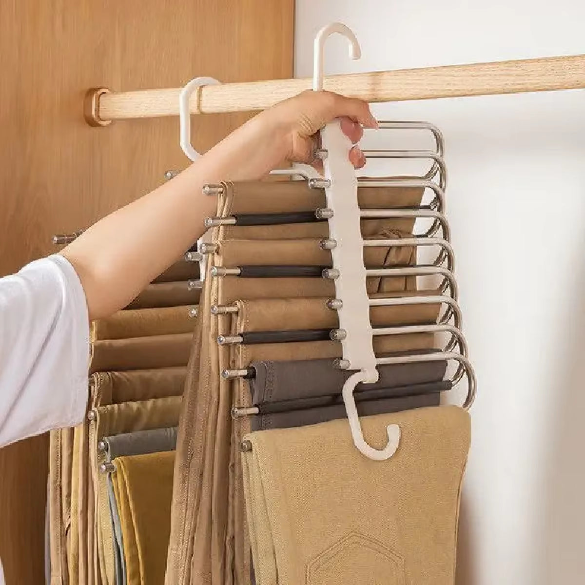 Upgrade 9 Layers Pants Hangers Space Saving, Jeans Hangers Non Slip Stainless Steel Multifunctional Rack S-Type Closet Organizer