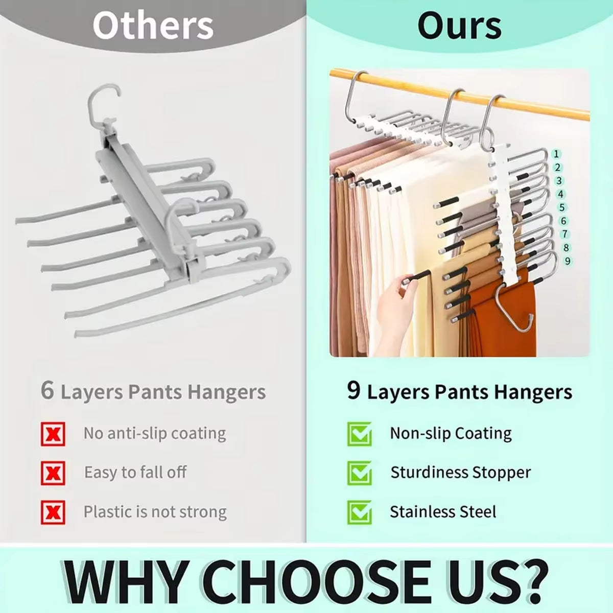 Upgrade 9 Layers Pants Hangers Space Saving, Jeans Hangers Non Slip Stainless Steel Multifunctional Rack S-Type Closet Organizer