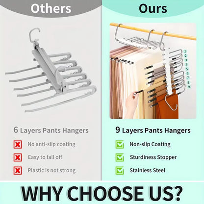 Upgrade 9 Layers Pants Hangers Space Saving, Jeans Hangers Non Slip Stainless Steel Multifunctional Rack S-Type Closet Organizer